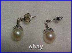 ANTIQUE NATUAL 7.5mm WHITE PEARL AND PAVE SET DIAMOND EARRINGS 14K WHITE GOLD