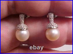 ANTIQUE NATUAL 7.5mm WHITE PEARL AND PAVE SET DIAMOND EARRINGS 14K WHITE GOLD