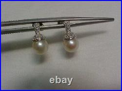 ANTIQUE NATUAL 7.5mm WHITE PEARL AND PAVE SET DIAMOND EARRINGS 14K WHITE GOLD