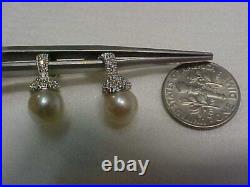 ANTIQUE NATUAL 7.5mm WHITE PEARL AND PAVE SET DIAMOND EARRINGS 14K WHITE GOLD