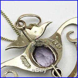 ANTIQUE SOLID 9ct GOLD ART NOUVEAU SEED PEARL AMETHYST SET PENDANT AND NECKLACE