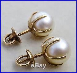 ANTIQUE VICTORIAN 14K GOLD PRONG SET 8MM CULTURED PEARL EARRINGSOLD SCREW POSTS