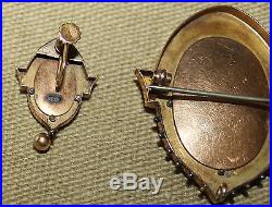 ANTIQUE VICTORIAN 14K GOLD SEEDPEARL ETRUSCAN Mourning Brooch/Earring SetEVC
