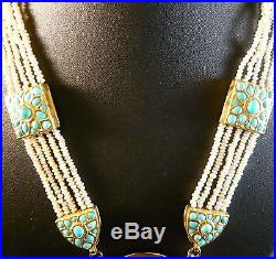 Antique Vintage Real Gold Fine Turquoise Seed Pearl Necklace Set 3 Wedding India