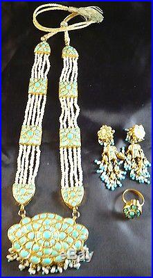 Antique Vintage Real Gold Fine Turquoise Seed Pearl Necklace Set 3 Wedding India