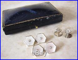 ART DECO 18ct WHITE GOLD CUFFLINKS & STUDS DIAMOND & MOTHER OF PEARL SET in box