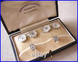 ART DECO 18ct WHITE GOLD CUFFLINKS & STUDS DIAMOND & MOTHER OF PEARL SET in box