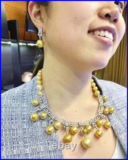 ART-DECO! Golden South Sea Pearl Diamond in 18K white gold necklace earrings set