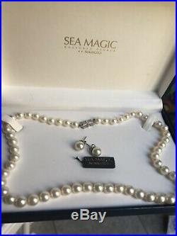 AUTHENTIC MIKIMOTO SEA MAGIC PEARL NECKLACE 18 14K Gold Clasp & EARRINGS SET