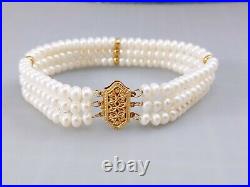 Akoya 14k Filigree Double Strand Pearl Necklace and Triple Bracelet SET