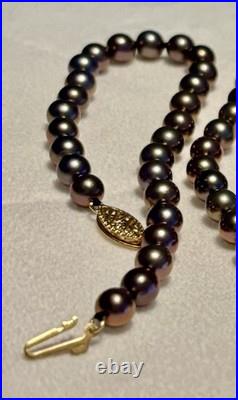 Akoya Pearl 5.9mm-5.5mm Black w Pink Overtone Necklace & Bracelet Set 14k Clasps