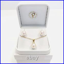 Akoya Pearl Stud Earrings & Pendant Necklace Jewelry Set 8mm or 9mm 14KY AAA