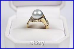 Akoyo Pearl & Pave Set Diamond 18k Yellow Gold Ring Size 6 1/4