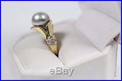 Akoyo Pearl & Pave Set Diamond 18k Yellow Gold Ring Size 6 1/4