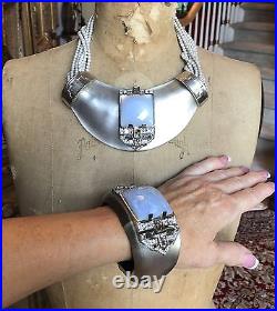 Alexis Bittar White Silver Lucite, Blue Stone, Deco Necklace & Bracelet Set