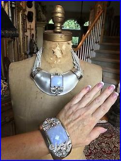 Alexis Bittar White Silver Lucite, Blue Stone, Deco Necklace & Bracelet Set