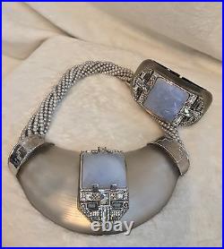 Alexis Bittar White Silver Lucite, Blue Stone, Deco Necklace & Bracelet Set