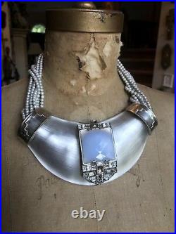 Alexis Bittar White Silver Lucite, Blue Stone, Deco Necklace & Bracelet Set