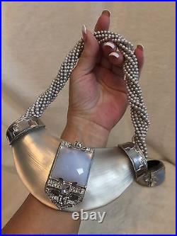 Alexis Bittar White Silver Lucite, Blue Stone, Deco Necklace & Bracelet Set