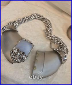 Alexis Bittar White Silver Lucite, Blue Stone, Deco Necklace & Bracelet Set