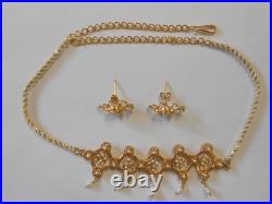 Amazing 21k 875 Yellow Gold Cultured Pearl Necklace Earring Bracelet Parure Set