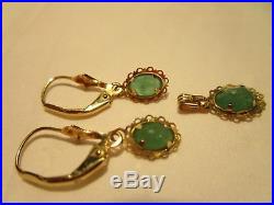 Amazing Estate 14k Solid Gold Genuine Emerald Leverback Earrings And Pendant Set