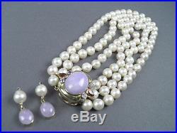 Amazing Estate Find 18K Gold Lavender Jade & Pearls Necklace & Earrings Set