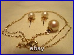 Amazing Vtg 14k Gold Genuine Mikimoto Quality Akoya Pearls Earring Pendant Chain
