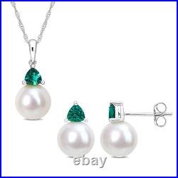 Amour 10K White Gold FW Pearl & Created Emerald Earrings, Pendant & Chain Set
