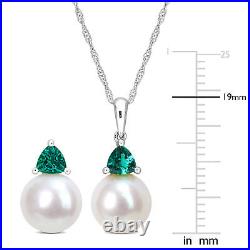 Amour 10K White Gold FW Pearl & Created Emerald Earrings, Pendant & Chain Set