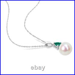 Amour 10K White Gold FW Pearl & Created Emerald Earrings, Pendant & Chain Set