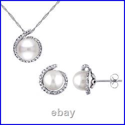 Amour 10K White Gold FW Pearl & Diamond Halo Stud Earrings, Pendant & Chain Set