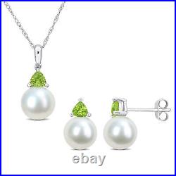 Amour 10K White Gold FW Pearl & Peridot Earrings, Pendant & Chain Set