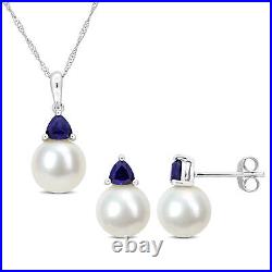 Amour 10K White Gold Pearl & Created Blue Sapphire Chain, Pendant & Earrings Set