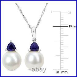 Amour 10K White Gold Pearl & Created Blue Sapphire Chain, Pendant & Earrings Set