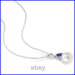 Amour 10K White Gold Pearl & Created Blue Sapphire Chain, Pendant & Earrings Set