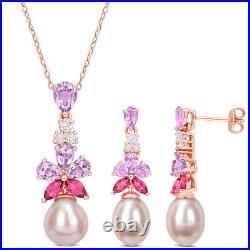 Amour 18K Rose Gold Silver Cultured Freshwater Pearl, Topaz & Rose de France Set Amour 18K Rose Gold Silver Cultured Freshwater Pearl, Topaz & Rose de France Set
