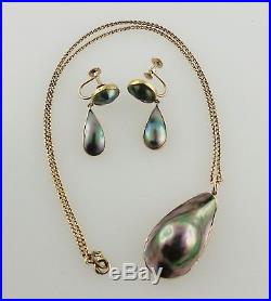 Antique 14K Gold Abalone Blister Pearl Necklace & Matching TearDrop Earrings Set