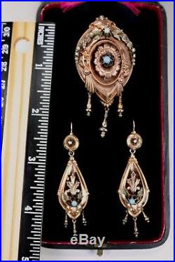 Antique 14K Rose Gold Earrings Brooch Set Turquoise Pearls Original Box c1870s