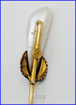 Antique 14K Solid Yellow Gold Mother Of Pearl Stick Hat Pin WithLeaf Setting. 9g