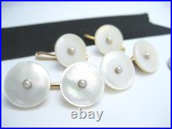 Antique 14K Yellow Gold & Mother of Pearl Center Seed Pearl Cufflinks & Stud Set
