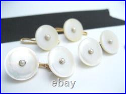 Antique 14K Yellow Gold & Mother of Pearl Center Seed Pearl Cufflinks & Stud Set