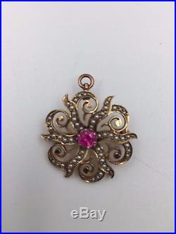 Antique 14K Yellow Gold Seed Pearl Convertible Starburst Pin/Pendant with Pink Set
