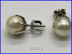 Antique 14k White Gold Prong Set 8mm Cultured Pearl Stud Screw Back Earrings