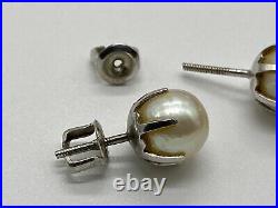 Antique 14k White Gold Prong Set 8mm Cultured Pearl Stud Screw Back Earrings