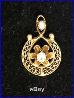 Antique 14k Yellow Gold Diamond Charm Pendant Buttercup Set Pearl Filigree