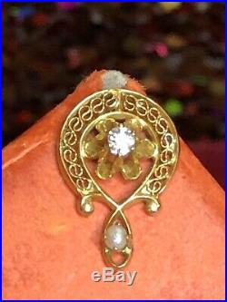 Antique 14k Yellow Gold Diamond Charm Pendant Buttercup Set Pearl Filigree