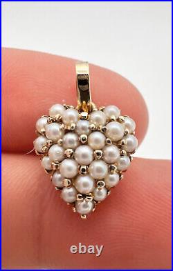 Antique 14k Yellow Gold Natural Pave Set Seed Pearl Love Heart Pendant