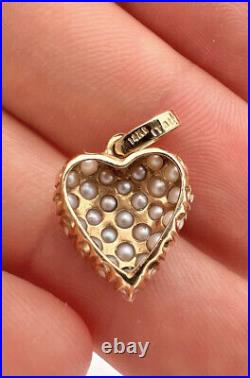 Antique 14k Yellow Gold Natural Pave Set Seed Pearl Love Heart Pendant