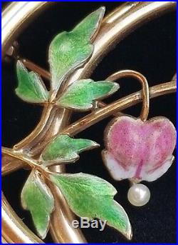 Antique 14k Yellow Gold Pearl Enamel Bleeding Hearts Brooch Pin & Earrings Set